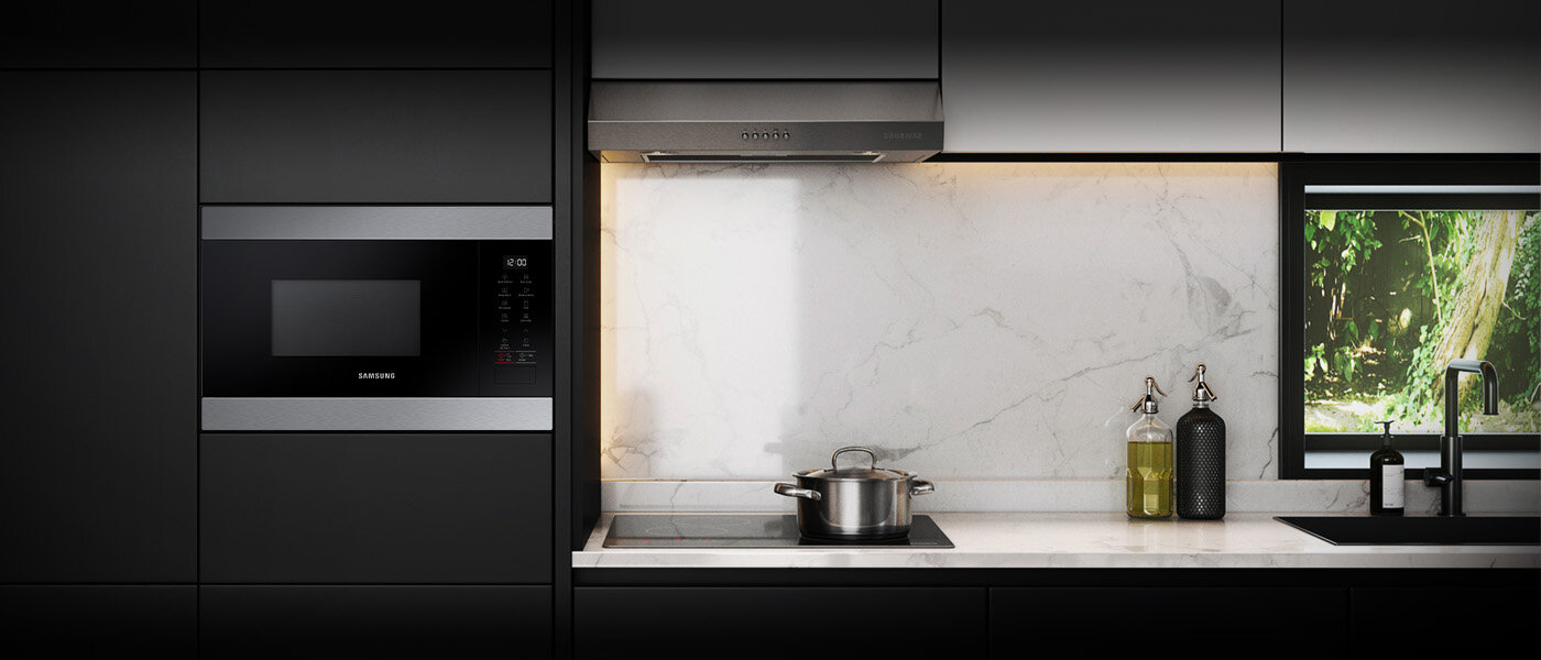 Wnętrze nowoczesnej kuchni, do której wstawiona jest kuchenka mikrofalowa Samsung MG22M8254AT Wnętrze nowoczesnej kuchni, do której wstawiona jest kuchenka mikrofalowa Samsung MG22M8254AT