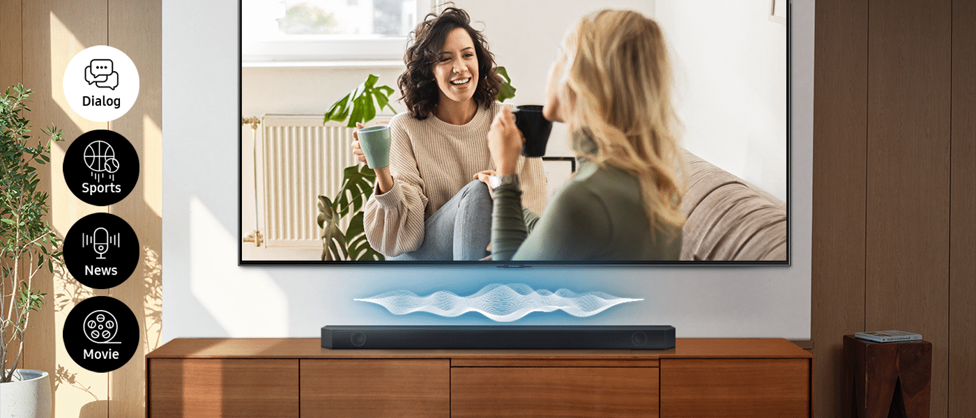 Soundbar Samsung HW-Q600C wzmocni dialog i zoptymalizuje dźwięk w grach, filmach czy transmisjach sportowych Soundbar Samsung HW-Q600C wzmocni dialog i zoptymalizuje dźwięk w grach, filmach czy transmisjach sportowych