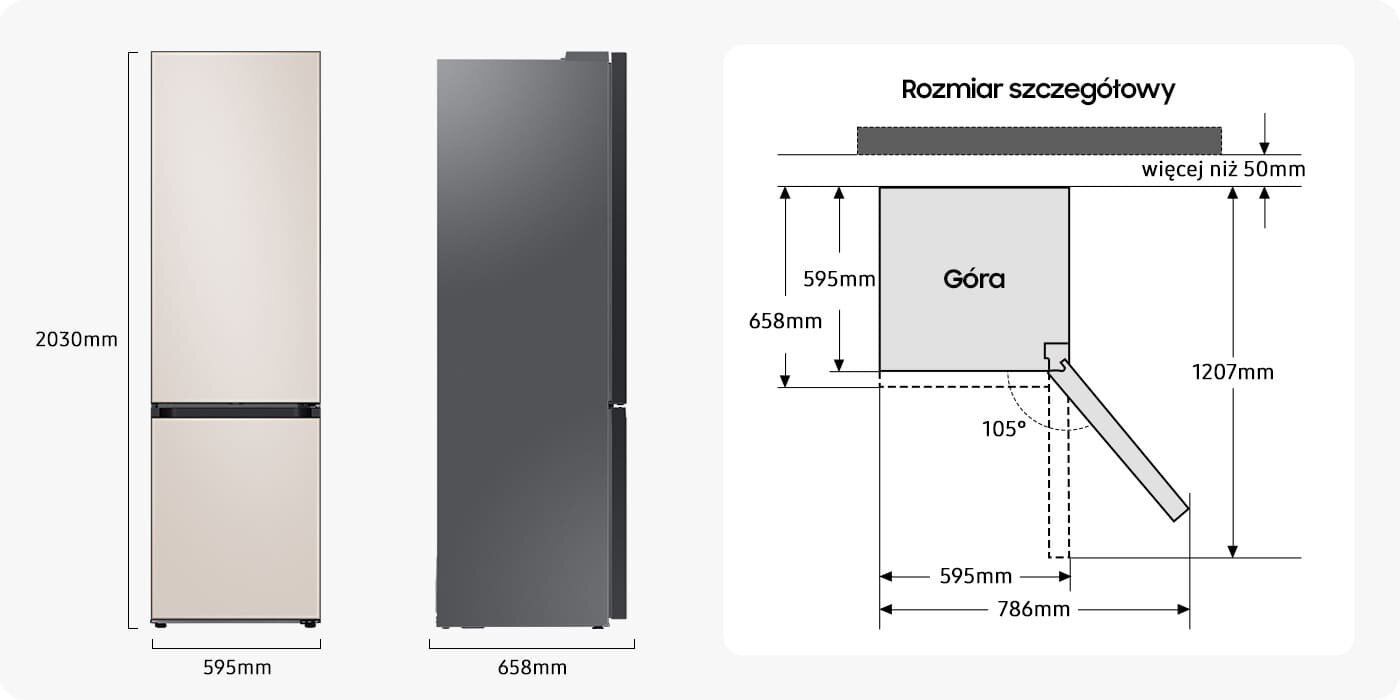 Rysunek techniczny pokazuje, ile miejsca potrzebujesz na lodówkę Samsung Bespoke RB38C7B5D39 Rysunek techniczny pokazuje, ile miejsca potrzebujesz na lodówkę Samsung Bespoke RB38C7B5D39