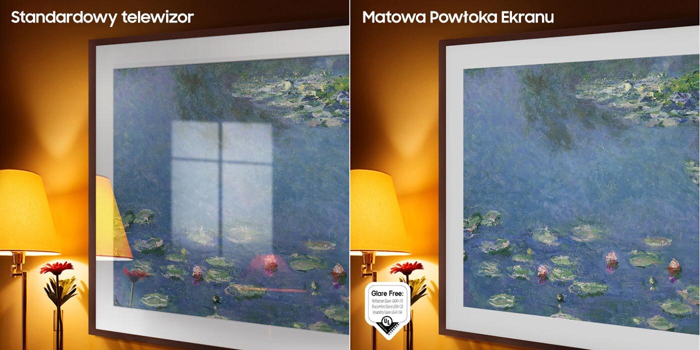 Dwa zdjęcia obok siebie porównują wyświetlanie obrazów na standardowym telewizorze i na telewizorze The Frame z powłoką matową Dwa zdjęcia obok siebie porównują wyświetlanie obrazów na standardowym telewizorze i na telewizorze The Frame z powłoką matową