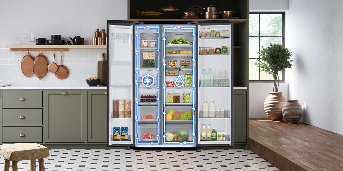 Na zdjęciu otwartej lodówki Samsung RS68CG885DB1 naniesiono grafikę przedstawiającą niezależne krążenie chłodnego powietrza po komorze chłodziarki i zamrażarki Na zdjęciu otwartej lodówki Samsung RS68CG885DB1 naniesiono grafikę przedstawiającą niezależne krążenie chłodnego powietrza po komorze chłodziarki i zamrażarki