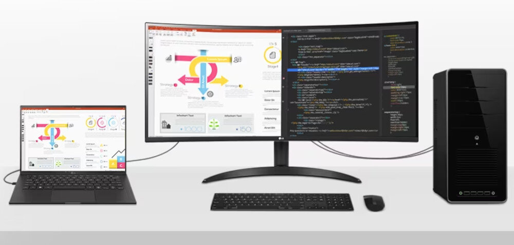Monitor LG UltraWide 34WR50QC-B PBP działanie podłączenie złącza