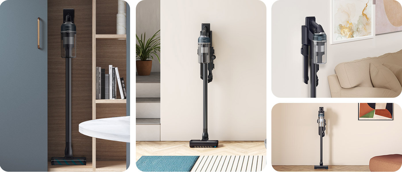 Czarny odkurzacz Samsung stojący w różnych pomieszczeniach Czarny odkurzacz Samsung VS20C8524TB/GE seria 85 z Media Expert stojący w różnych pomieszczeniach