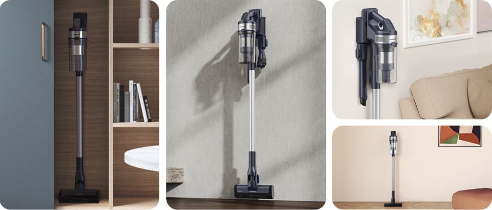 Wolnostojący odkurzacz Wolnostojący odkurzacz marki Samsung w czterech różnych pomieszczeniach