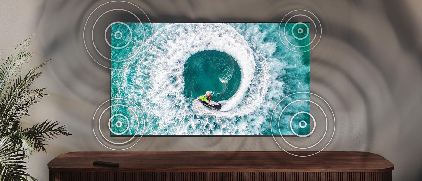 Zdjęcie, na którym graficznie podkreślono wirtualne głośniki w telewizorze Samsung Crystal UHD CU7172 Zdjęcie, na którym graficznie podkreślono wirtualne głośniki w telewizorze Samsung Crystal UHD CU7172