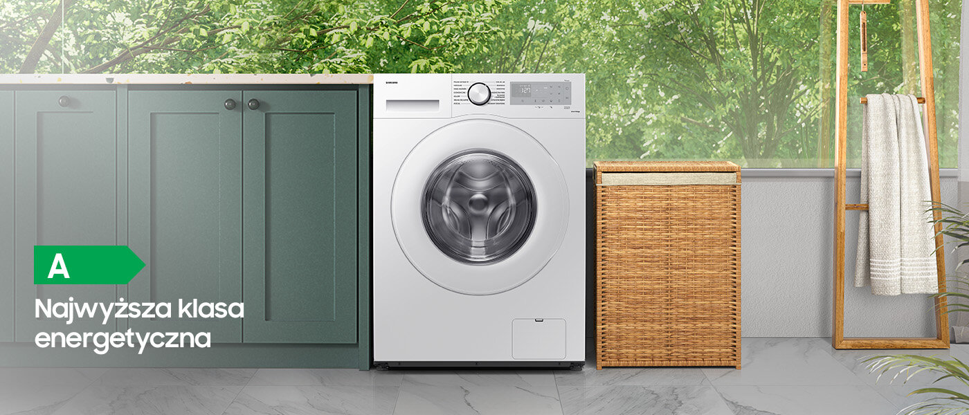 Pralka EcoBubble AI Energy w zielonym pomieszczeniu Pralka EcoBubble AI Energy WW90CGC04DTH marki Samsung w przeszklonej przestrzeni z dominującą zielenią