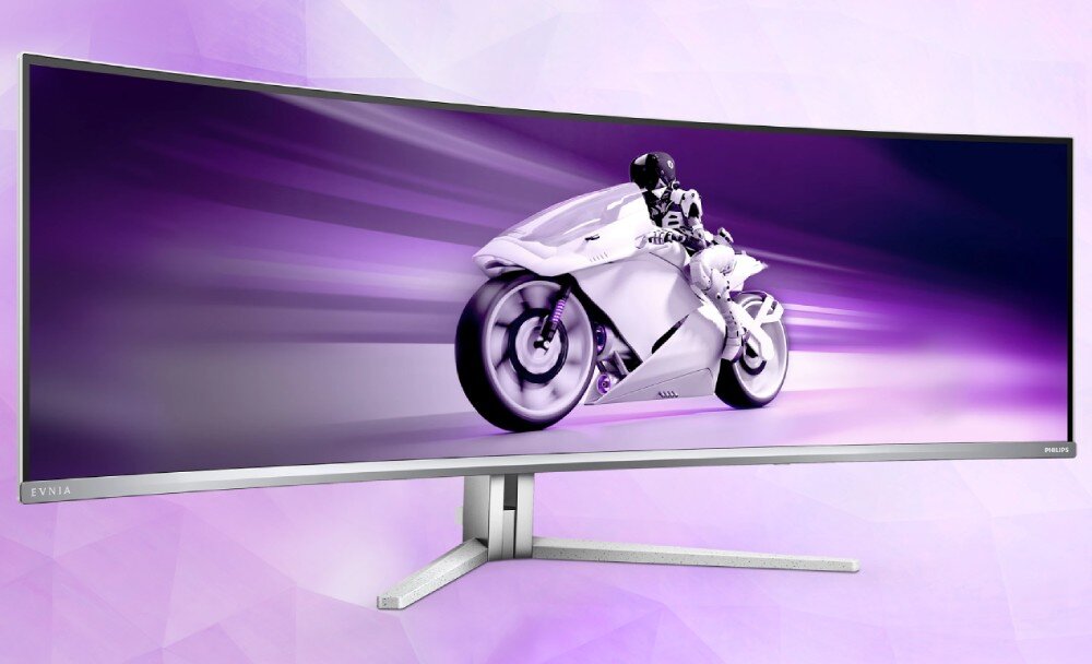Monitor PHILIPS Evnia 49M2C8900 Zakrzywiony monitor na fioletowym tle, wyświetlający dynamiczną grafikę motocyklisty na białym motocyklu poruszającego się z efektem rozmycia w ruchu, ramka, wygląd