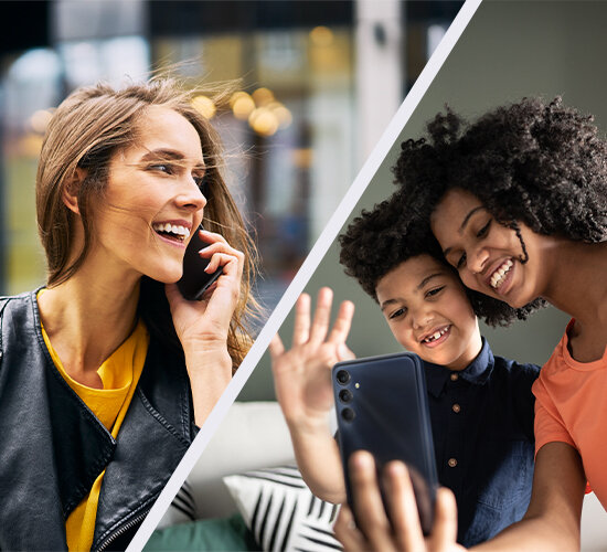 sm-m346-10-4sound m Po lewej stronie kobieta rozmawia przez telefon, idąc ulicą. Po prawej kobieta i jej syn prowadzą wideorozmowę na Galaxy M34 5G, a chłopak macha do kamery.