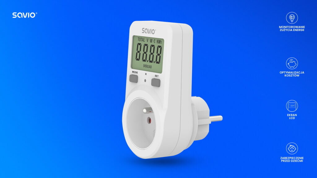 Watomierz z wyświetlaczem LCD SAVIO AE-02 2 na niebieskim tle ikonki pl