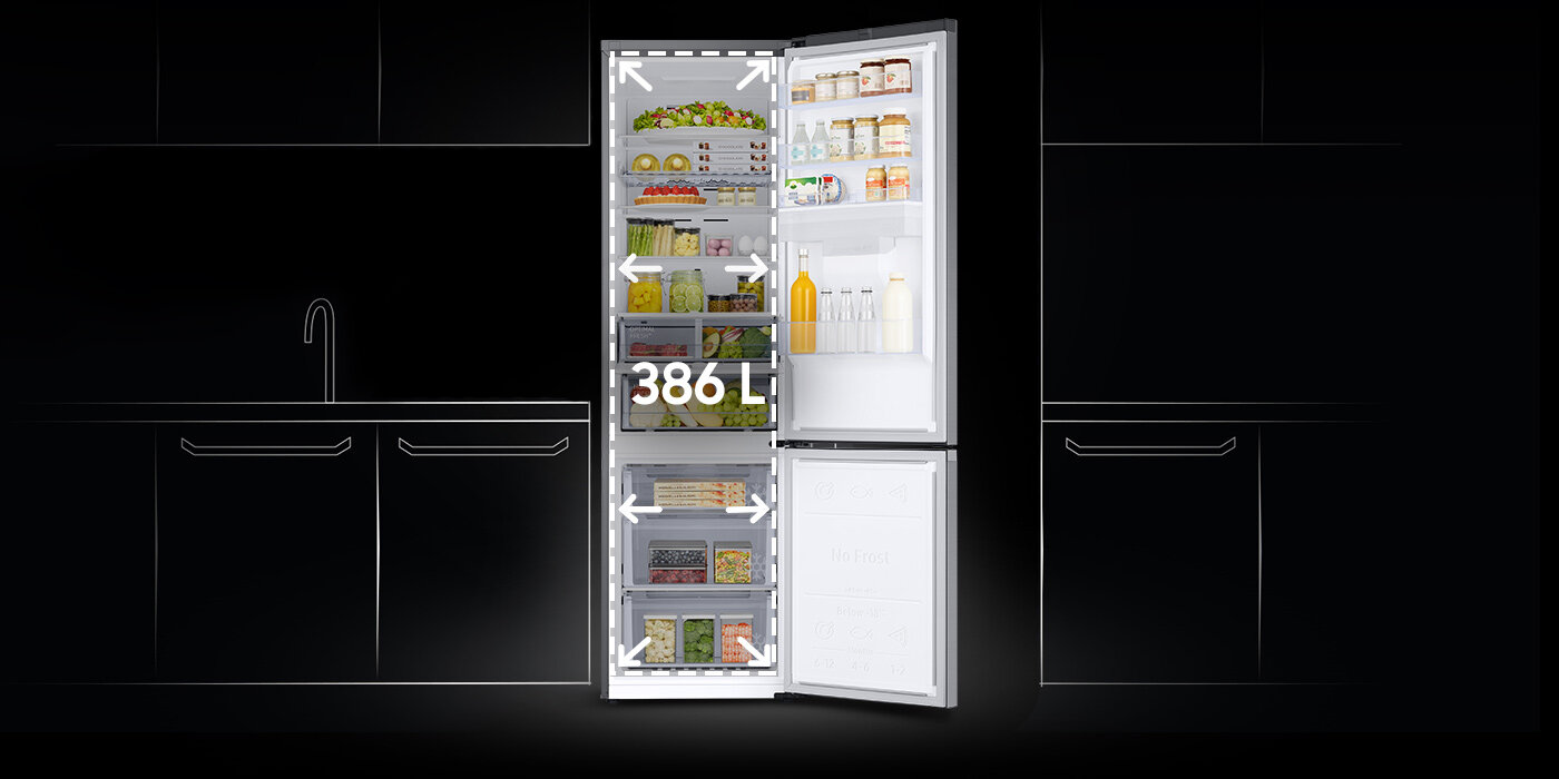 Samsung RB38C635ES9 - imponująca pojemność Lodówka Samsung RB38C635ES9 oferuje imponującą pojemność wynoszącą aż 386 litrów