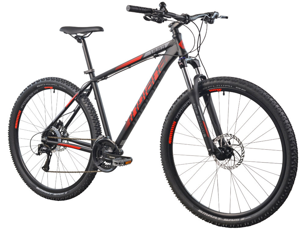 Rower górski MTB INDIANA X-Pulser 2.9 M21 29 cali męski Czarno-czerwony goral dla sportowcow do jazdy wyczynowej dla kazdego amatora zwrotny latw wchodzi w zakrety do jazdy w miescie poza miastem w lesie na latwym i trudnym gorskim szlaku w niezbyt grzskim blocie nie za glebokim piachu