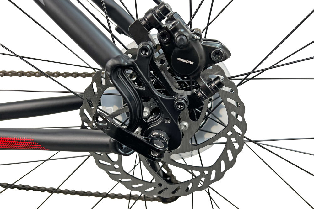 Rower górski MTB INDIANA X-Pulser 2.9 M21 29 cali męski Czarno-czerwony hamulce tarczowe hydrauliczne na przod na tyl dzialaja w kazdych warunkach pogodowych i na kazdej trasie bardzo duza sila hamowania plyn hamulcowy