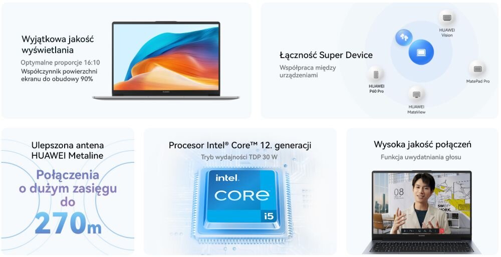 NOTEBOOK HUAWEI MATEBOOK D14 53013XFF ekran wydajność grafika karta procesor taktowanie pojemność bateria ładowanie pamięć ram rom wyświetlacz rozdzielczość kamerka system klawiatura porty