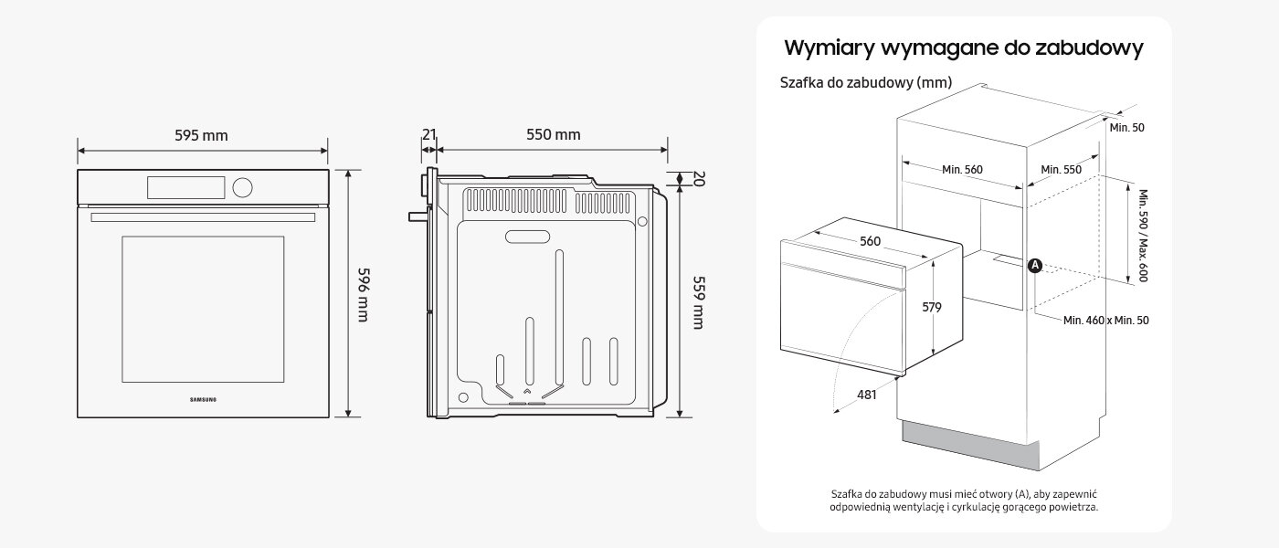 Wymiary urządzenia - Media Expert - Samsung piekarnik NV7B4220ZAB Wymiary urządzenia - Media Expert - Samsung piekarnik Dual Cook NV7B4220ZAB
