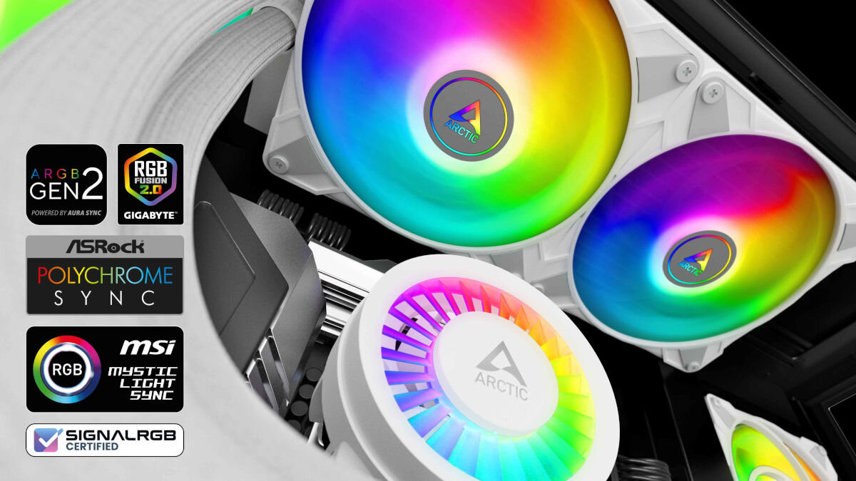 Chłodzenie wodne ARCTIC Liquid Freezer III 240 ARGB Biały standardowe kable 3-pin kompatybilność z większością systemów oświetleniowych płyt głównych, obudów, kontrolerów i akcesoriów kontrola programowa funkcja łańcucha diody LED niezliczone opcje kombinacji