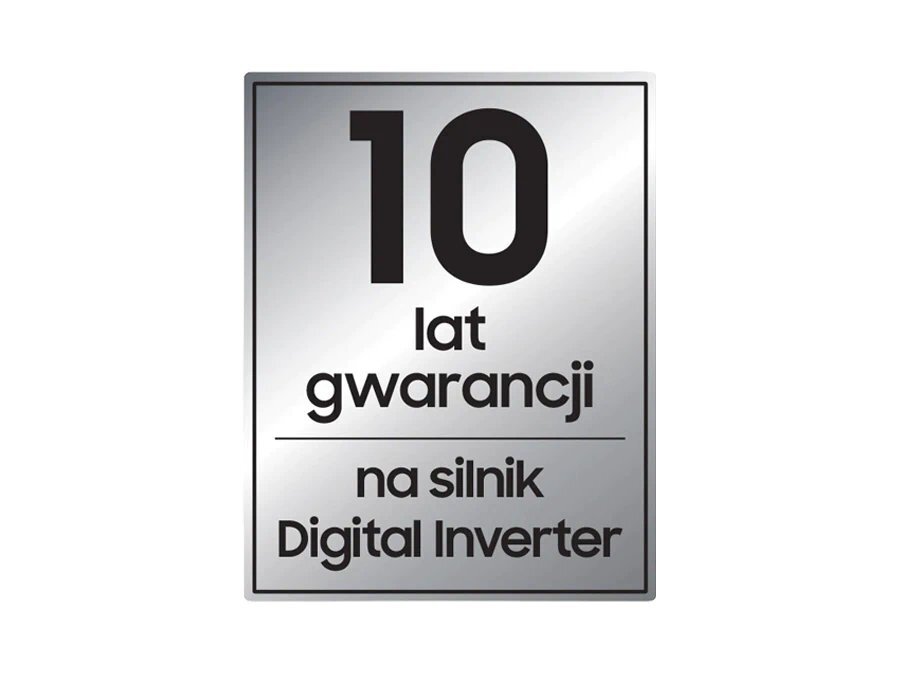 Pralka Samsung wf90f09c4su4 z wydajnym silnikiem Obraz przedstawia srebrną tabliczkę z napisem: \'10 lat gwarancji na silnik Digital Inverter\'.