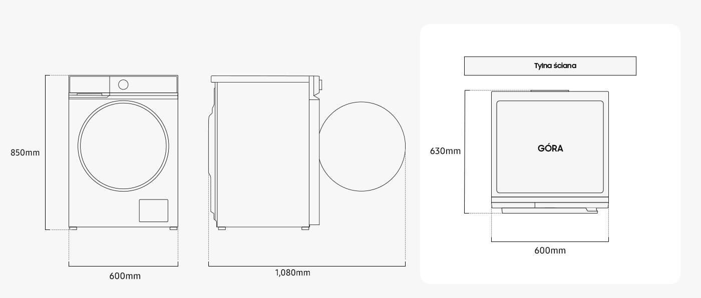 Pralka Samsung Bespoke AI WW11DB8B95GBU4 z oferty sklepu Media Expert przedstawiona na zwymiarowanym rysunku technicznym Schematyczny rysunek pralki z wymiarami: wysokość 850mm, szerokość 600mm, głębokość 1080mm. Widok z góry pokazuje napis \'GÓRA\' oraz odległość 630mm od tylnej ściany.