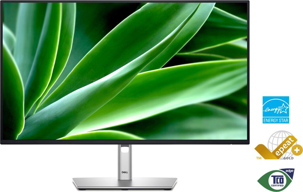 Monitor DELL P2725H 27 1920x1080px IPS 100Hz monitor z wyświetlaną fotografią liści z ikonami certyfikatów znajdującymi się obok ekologia środowisko recykling