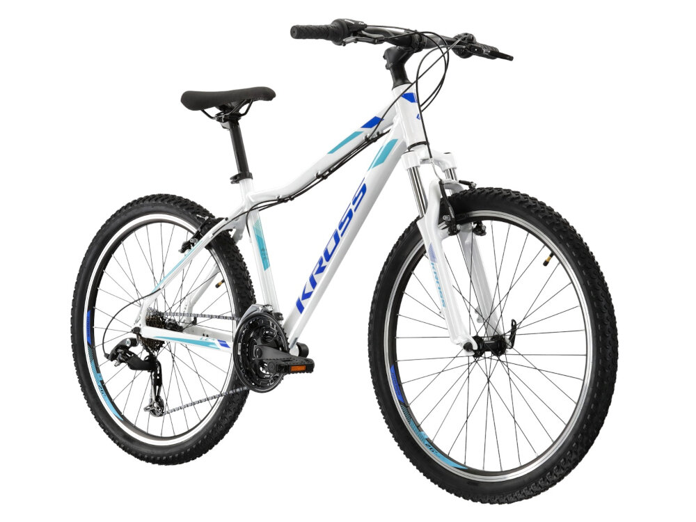 Rower górski MTB KROSS Lea 1.1 D17 26 cali damski Biało-niebieski do jazdy rekreacyjnej dla kobiet szybki wygodny pojazd zwrotny latwo wchodzi w najtrudniejsze zakrety