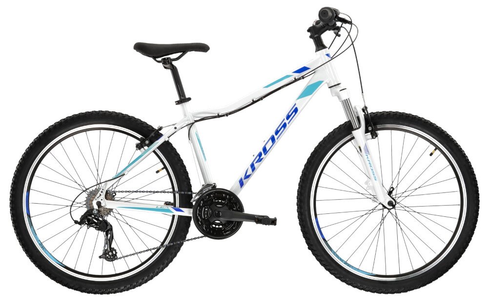 Rower górski MTB KROSS Lea 1.1 D17 26 cali damski Biało-niebieski rama 17-calowa z wysokiej jakosci stopu aluminium 6061 wysoka sztywnosc odpornosc na zlamania i przeciazenia pomalowana metoda proszkowa lakier bardzo wytrzymaly odporny na uszkodzenia mechaniczne rama odporna na korozje wybor rozmiaru ramy Twoj wzrost mierzony w zrelaksowanej pozycji typ roweru dla osob o wzroscie od 165 do 174 cm