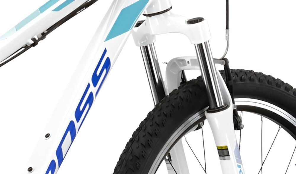 Rower górski MTB KROSS Lea 1.1 D17 26 cali damski Biało-niebieski rower typu hardtail przedni amortyzator ZOOM typu Forgo 565 ze skokiem 80 mm niweluje wstrzasy do jazdy na nierownej wyboistej nawierzchni