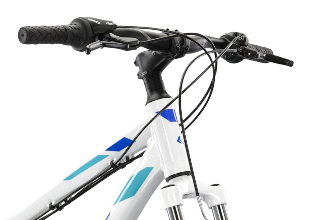 Rower górski MTB KROSS Lea 1.1 D17 26 cali damski Biało-niebieski aluminiowa kierownica uchwyty pokryte specjalnym antyposlizgowym materialem wieksze bepieczenstwo