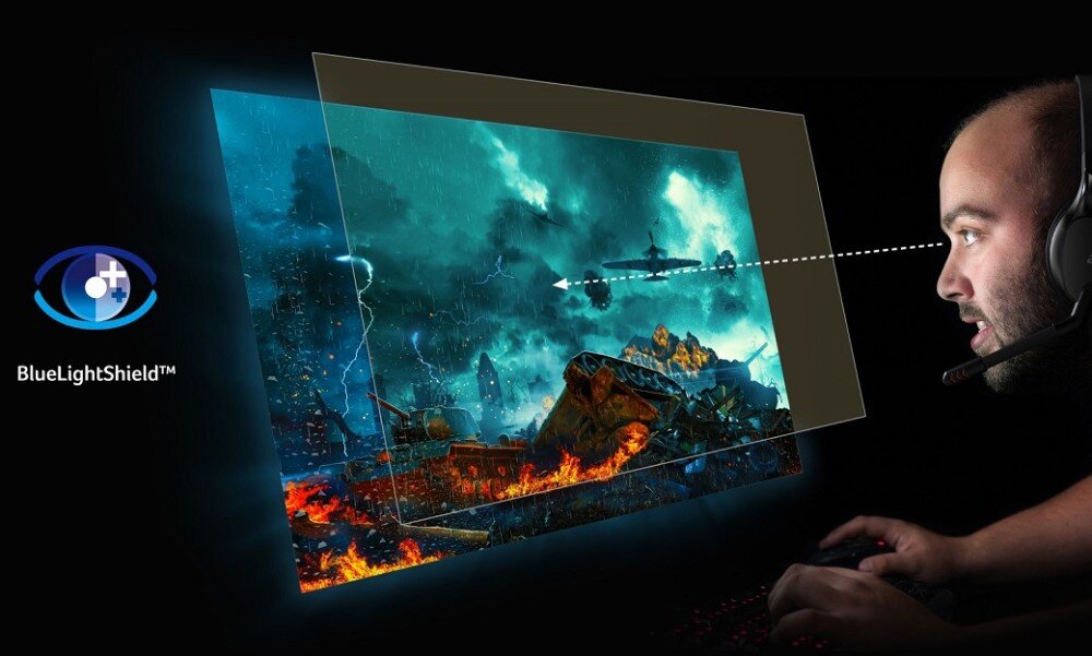 Monitor ACER Nitro XZ322QUV3bmiiphx Grafika przedstawiająca osobę siedzącą przed monitorem i wpatrującą się w ekran. Przedstawiona jest technologia BlueLightShield redukująca emisję niebieskiego światła, ochrona wzroku, niebieskie światło, migotanie