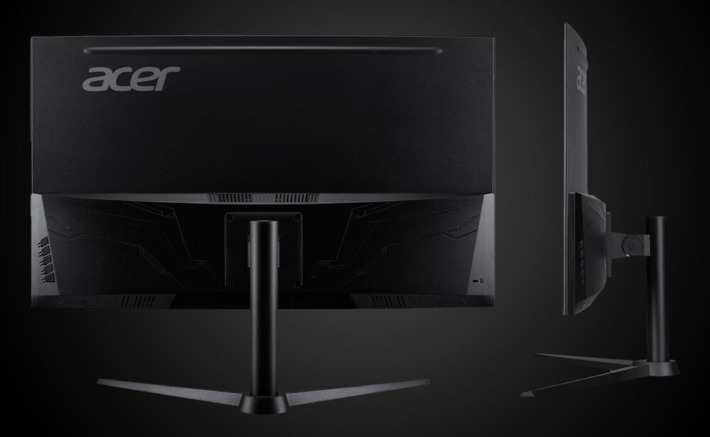 Monitor ACER Nitro XZ322QUV3bmiiphx Widok tylnej części monitora oraz jego profilu. Czarna obudowa z logotypem producenta, centralnie umieszczona nóżka oraz podstawka o szerokich ramionach, podstawa, regulacja, standard VESA