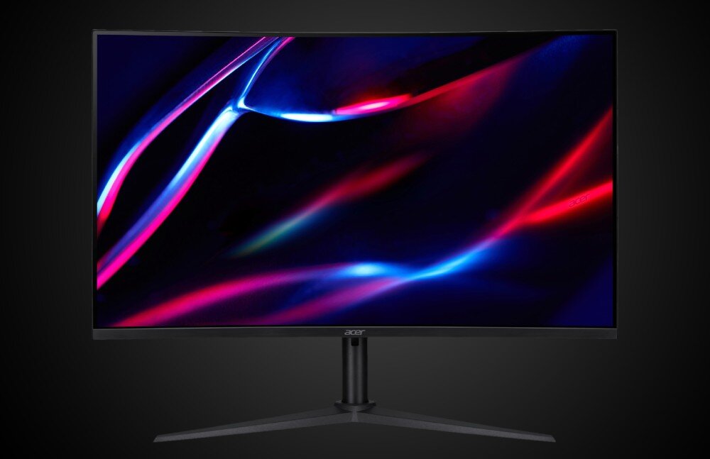 Monitor ACER Nitro XZ322QUV3bmiiphx Monitor z przodu, z cienkimi ramkami, prezentujący abstrakcyjne światło w czerwono-niebieskiej kolorystyce na czarnym tle, ramka, głośniki