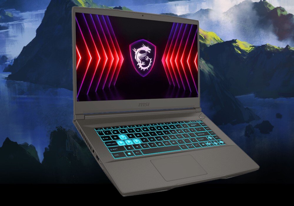 Laptop gamingowy MSI Thin 15 z podświetlaną niebieską klawiaturą. - Podświetlana klawiatura w kolorze niebieskim