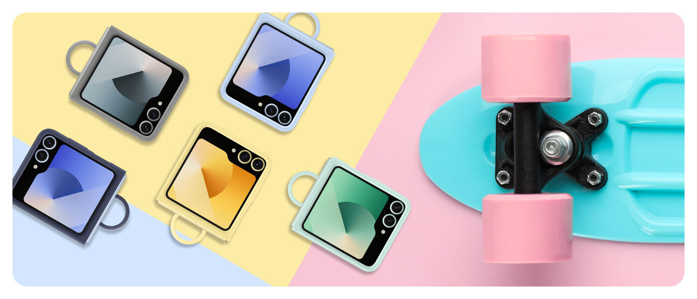 Kobieta nosi telefon w etui Silicone Case w kolorze miętowym. Wbudowany pierścień w etui jest wsunięty przez jej palec wskazujący, podczas gdy resztę dłoni trzyma na górnej części deskorolki, która jest podparta pionowo. Na następnym: etui Silicone Case w kolorze żółtym z wbudowanym pierścieniem wsuwanym przez palec serdeczny. Jednocześnie trzyma deskorolkę w dłoni. Kobieta nosi telefon w etui Silicone Case w kolorze miętowym. Wbudowany pierścień w etui jest wsunięty przez jej palec wskazujący, podczas gdy resztę dłoni trzyma na górnej części deskorolki, która jest podparta pionowo. Na następnym: etui Silicone Case w kolorze żółtym z wbudowanym pierścieniem wsuwanym przez palec serdeczny. Jednocześnie trzyma deskorolkę w dłoni.