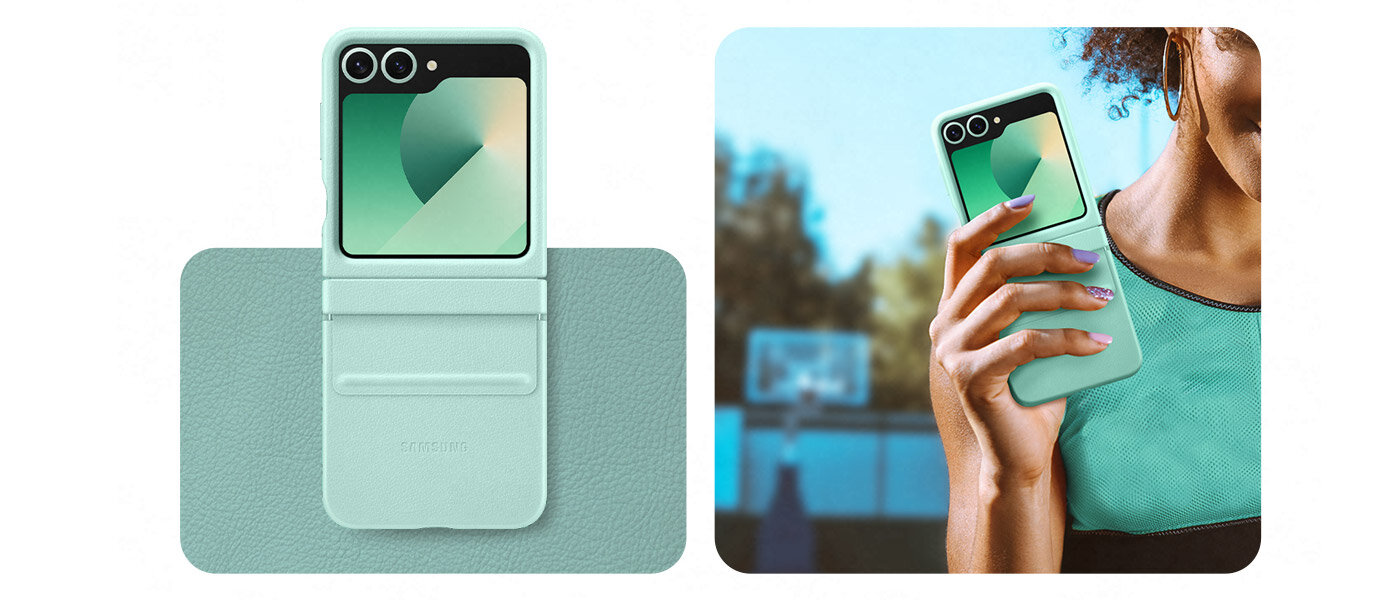 Miętowy Galaxy Z Flip6 w etui Kindsuit Case. Telefon jest umieszczony na próbce kolorystycznej. Obok znajduje się kobieta w miętowym stroju sportowym trzymająca telefon. Miętowy Galaxy Z Flip6 w etui Kindsuit Case. Telefon jest umieszczony na próbce kolorystycznej. Obok znajduje się kobieta w miętowym stroju sportowym trzymająca telefon.