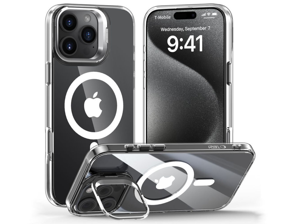 TECH-PROTECT MagStand MagSafe etui założone na smartfon iphone oraz opierajacy sie o ramke rozkładaną