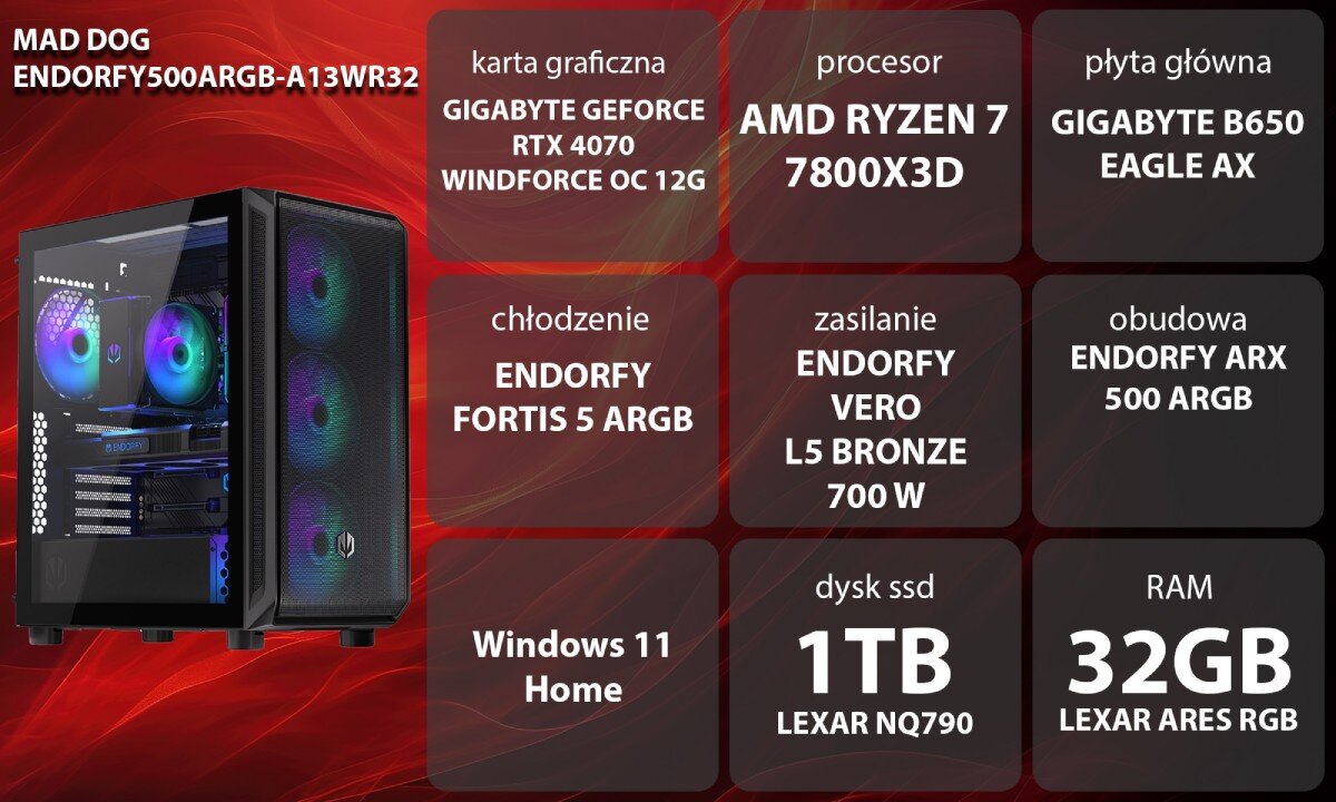 Komputer MAD DOG ENDORFY500ARGB-A13WR32 R7-7800X3D 32GB RAM 1TB SSD GeForce RTX4070 Wi-Fi Windows 11 Home opis