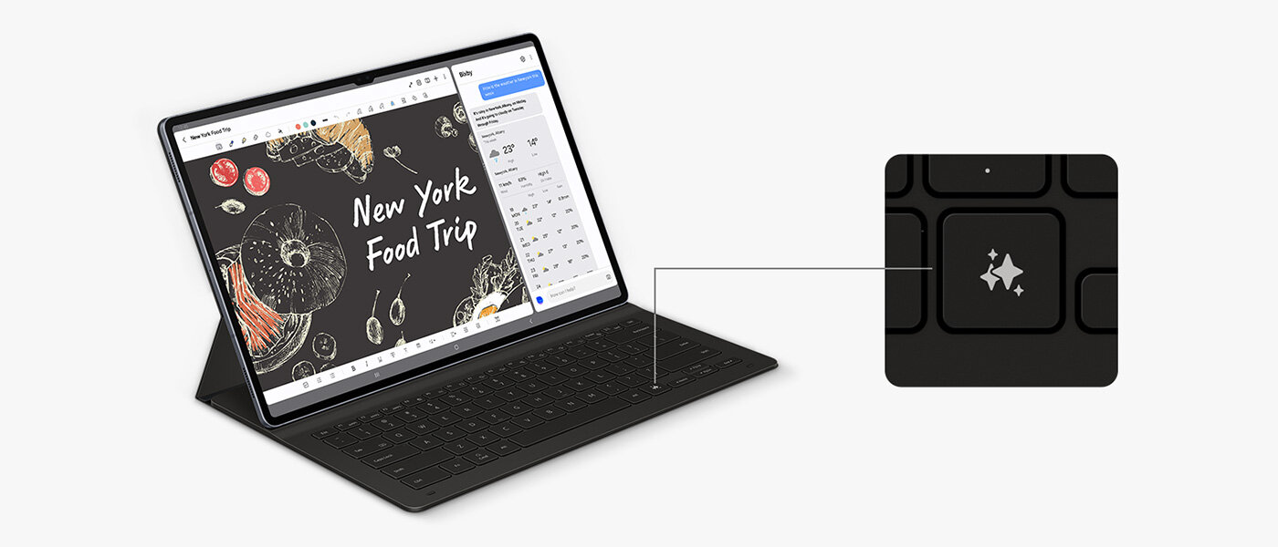 Urządzenie Galaxy Tab S10 z przymocowaną klawiaturą Book Cover Keyboard Slim jest lekko pochylone w prawo, wyświetlając na ekranie aplikację Note Assist. Ekran jest podzielony, aby pokazać rozmowę z Bixby po jednej stronie. Zbliżenie podkreśla Galaxy AI Key na klawiaturze, pokazując jego lokalizację. Urządzenie Galaxy Tab S10 z przymocowaną klawiaturą Book Cover Keyboard Slim jest lekko pochylone w prawo, wyświetlając na ekranie aplikację Note Assist. Ekran jest podzielony, aby pokazać rozmowę z Bixby po jednej stronie. Zbliżenie podkreśla Galaxy AI Key na klawiaturze, pokazując jego lokalizację.