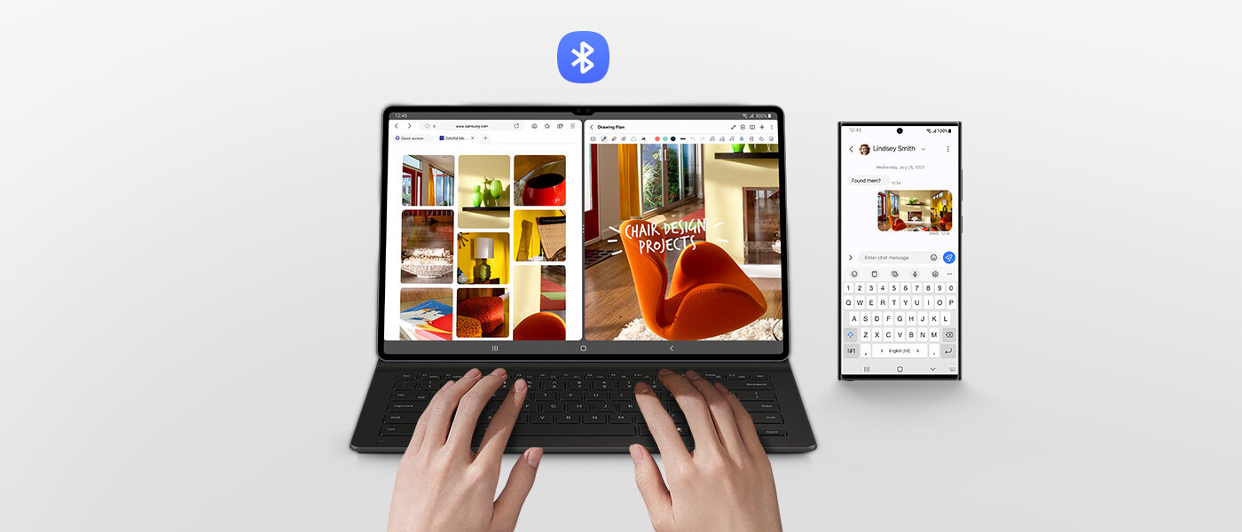 Osoba korzysta z Galaxy Tab S9 z etui Book Cover Keyboard Slim. Ekran podzielony jest na dwa okna z kilkoma wynikami wyszukiwania obrazów mebli domowych w sieci i jednym z edytowanych obrazów. Smartfon Galaxy z obrazem na ekranie podczas pisania liter za pomocą klawiatury okładki. Pokazane jest logo Bluetooth. Osoba korzysta z Galaxy Tab S9 z etui Book Cover Keyboard Slim. Ekran podzielony jest na dwa okna z kilkoma wynikami wyszukiwania obrazów mebli domowych w sieci i jednym z edytowanych obrazów. Smartfon Galaxy z obrazem na ekranie podczas pisania liter za pomocą klawiatury okładki. Pokazane jest logo Bluetooth.