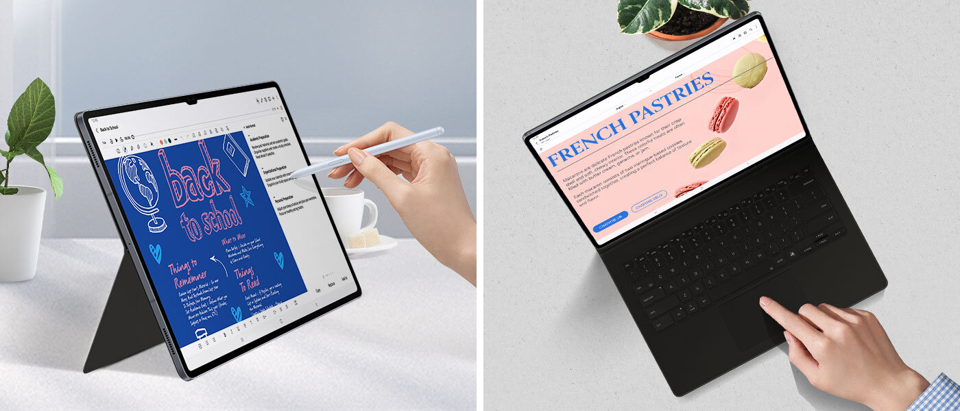 Osoba wskazuje rysikiem S Pen na Galaxy Tab S10 wyświetlającą używaną aplikację Note Assist, podpartą poziomo za pomocą etui Book Cover Keyboard. Widok z góry osoby używającej pada na etui Book Cover Keyboard do nawigacji po aplikacji Note Assist na Galaxy Tab S10. Osoba wskazuje rysikiem S Pen na Galaxy Tab S10 wyświetlającą używaną aplikację Note Assist, podpartą poziomo za pomocą etui Book Cover Keyboard. Widok z góry osoby używającej pada na etui Book Cover Keyboard do nawigacji po aplikacji Note Assist na Galaxy Tab S10.