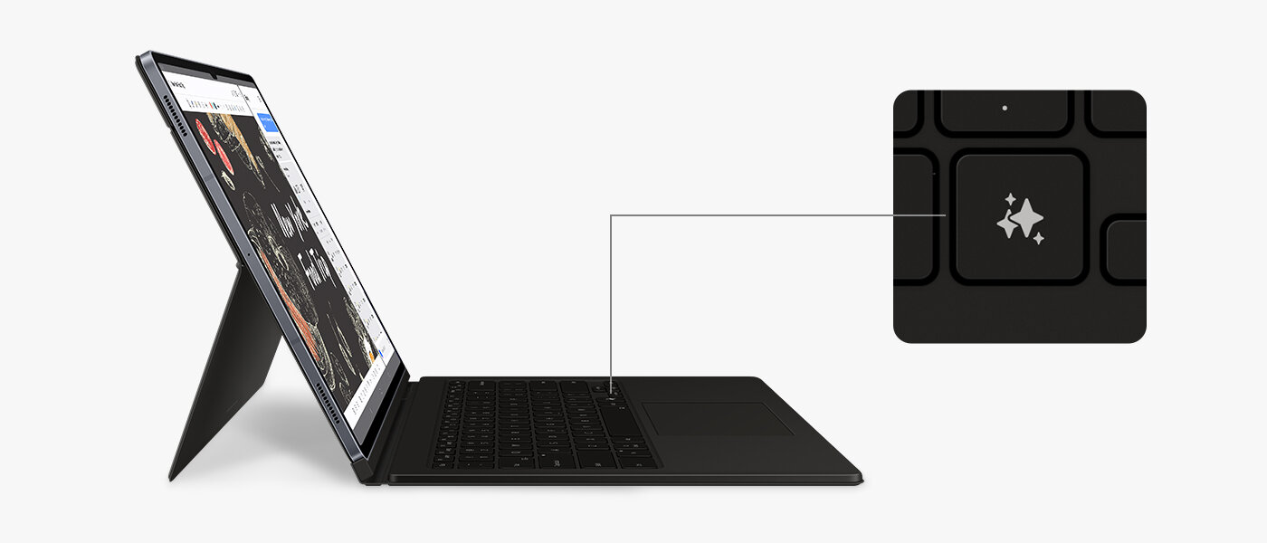 Urządzenie Galaxy Tab S10 z przymocowanym etui Book Cover Keyboard jest ustawione pod kątem w prawo, wyświetlając aplikację Note Assist na ekranie. Ekran jest podzielony, aby pokazać rozmowę z Bixby po jednej stronie. Zbliżenie podkreśla Galaxy AI Key na klawiaturze, pokazując jego lokalizację. Urządzenie Galaxy Tab S10 z przymocowanym etui Book Cover Keyboard jest ustawione pod kątem w prawo, wyświetlając aplikację Note Assist na ekranie. Ekran jest podzielony, aby pokazać rozmowę z Bixby po jednej stronie. Zbliżenie podkreśla Galaxy AI Key na klawiaturze, pokazując jego lokalizację.