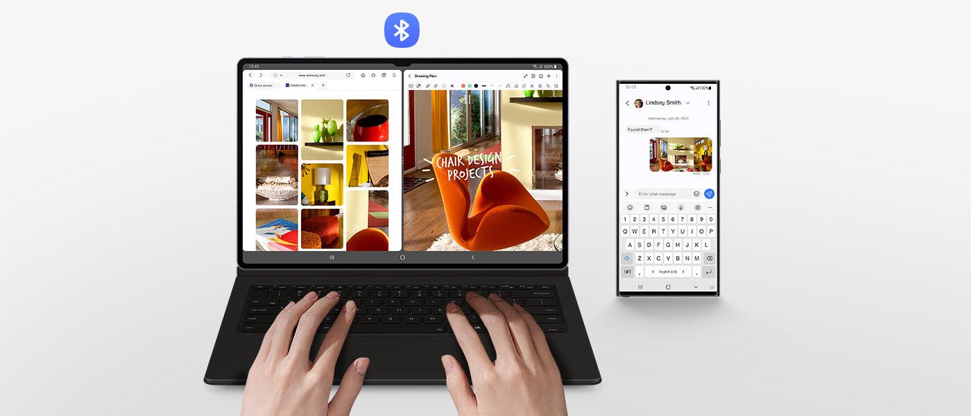 Osoba korzysta z Galaxy Tab S10 z etui Book Cover Keyboard. Ekran podzielony jest na dwa okna z kilkoma wynikami obrazów mebli domowych w sieci i jednym z obrazów, który jest edytowany. Smartfon Galaxy z obrazem na ekranie podczas pisania liter za pomocą klawiatury okładki. Pokazane jest logo Bluetooth. Osoba korzysta z Galaxy Tab S10 z etui Book Cover Keyboard. Ekran podzielony jest na dwa okna z kilkoma wynikami obrazów mebli domowych w sieci i jednym z obrazów, który jest edytowany. Smartfon Galaxy z obrazem na ekranie podczas pisania liter za pomocą klawiatury okładki. Pokazane jest logo Bluetooth.