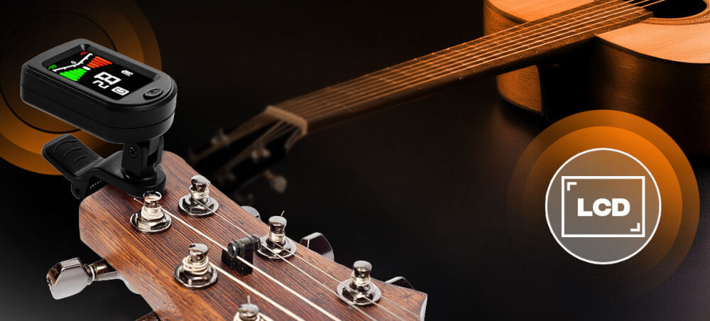 Stroik MUSICMATE Tuner MM-A7 SimplyTune praktyczny ekran LCD jasne podświetlenie, czytelne wskaźniki, regulowany klips, solidne mocowanie