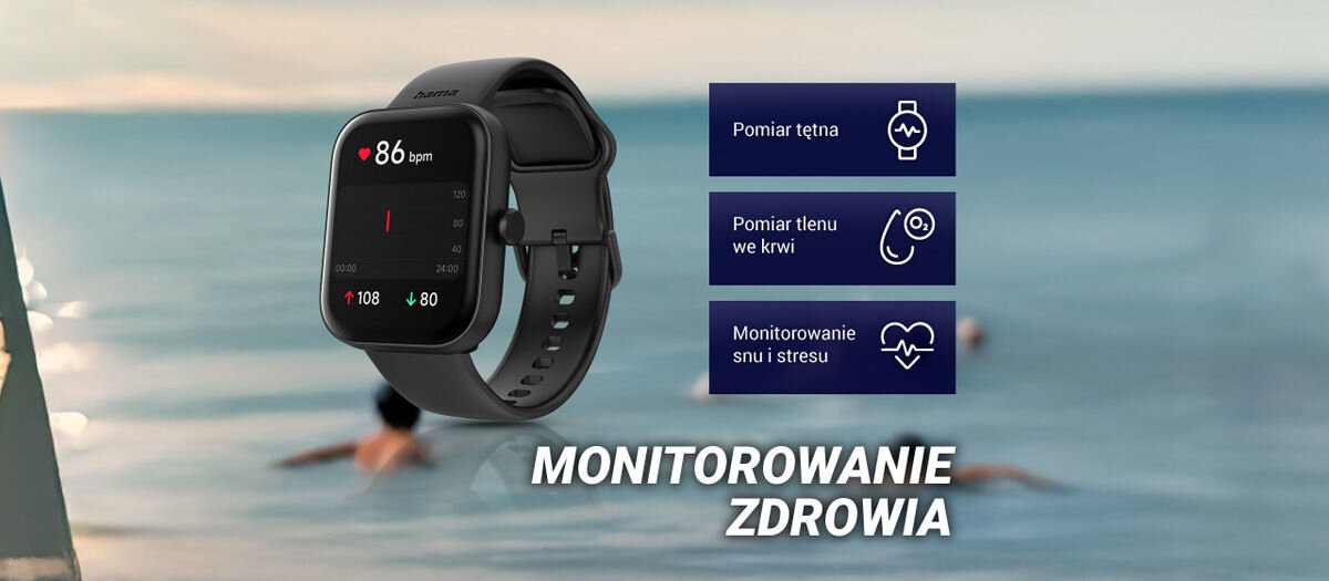 Smartwatch HAMA Fit Watch 5000 Monitorowanie zdrowia pomiar tętna pomiar tlenu we krwi monitorowanie snu i stresu