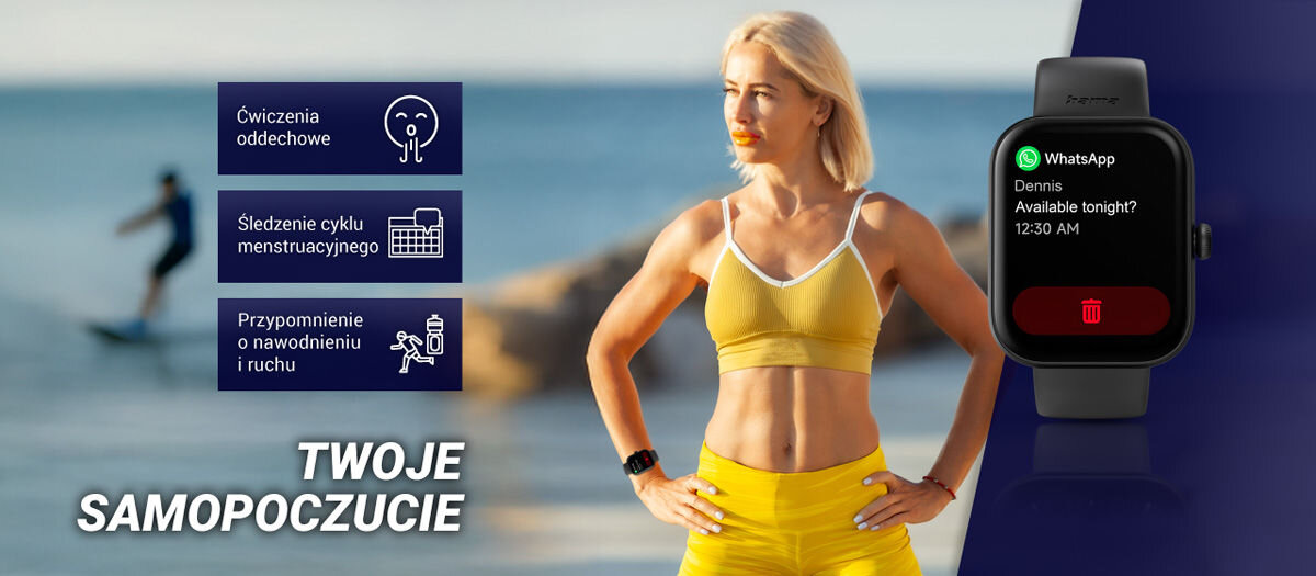 Smartwatch HAMA Fit Watch 5000 Samopoczucie i ćwiczenia relaksacyjne ćwiczeia oddechowe śledzenie cyklu menstruacyjnego przypomnienie o nawodnieniu i ruchu