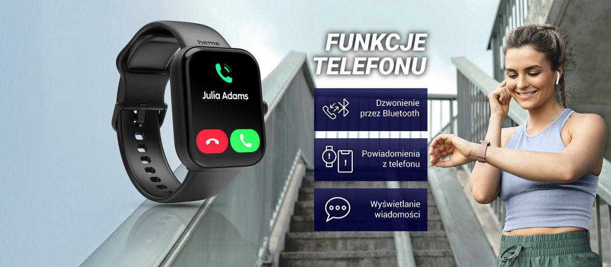 Smartwatch HAMA Fit Watch 5000 Funkcje telefonu dzwonienie przez bluetooth powiadomienia z telefonu wyświetlanie wiadomości