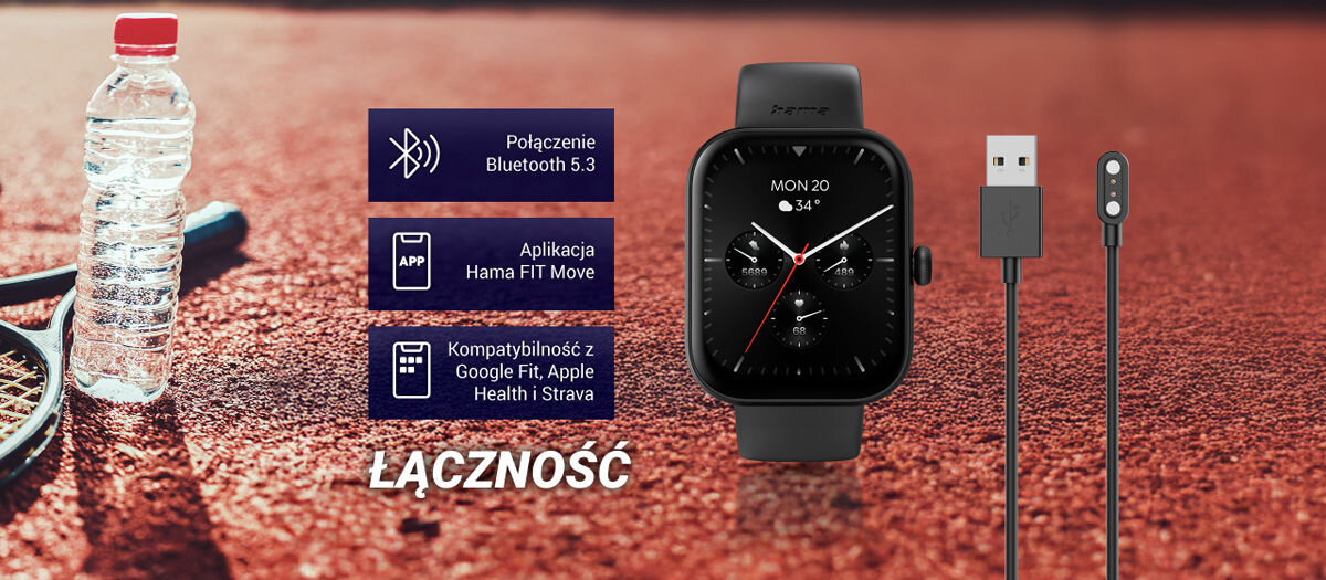 Smartwatch HAMA Fit Watch 5000 Łączność i aplikacja połączenie bluetooth 5.3 aplikacja hama fit move kompatybilnośc z google fit apple health i strava