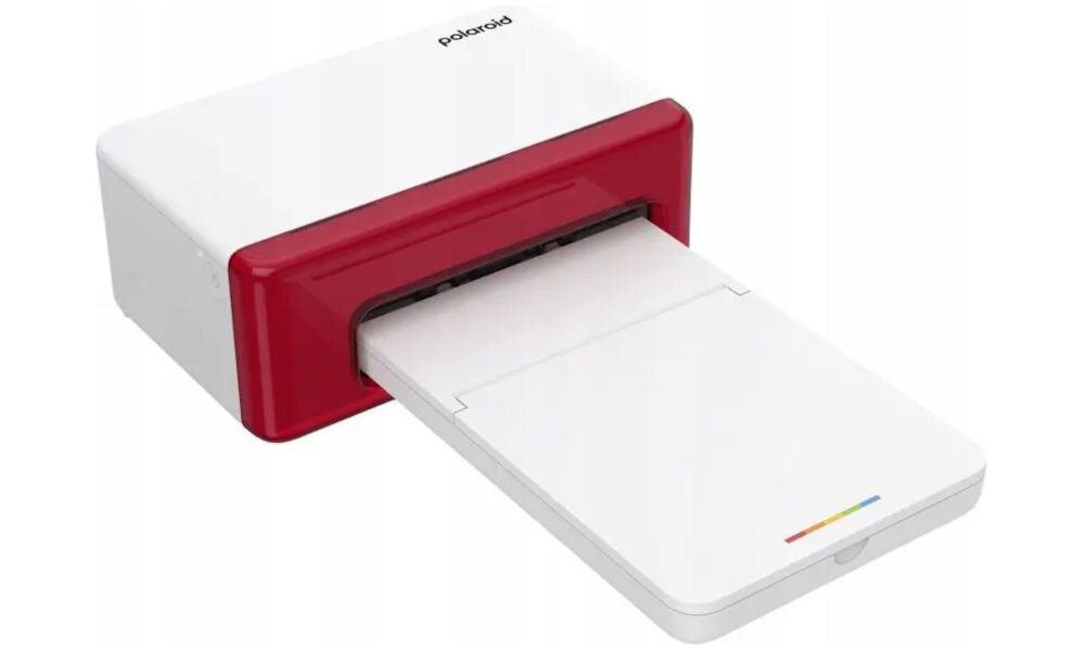 Drukarka POLAROID Hi-print 4x6 Druk w kolorze, Bluetooth prezentacja drukarki od przodu pod kątem na białym tle bezprzewodowe połączenie ze smartfonem Android i iOS