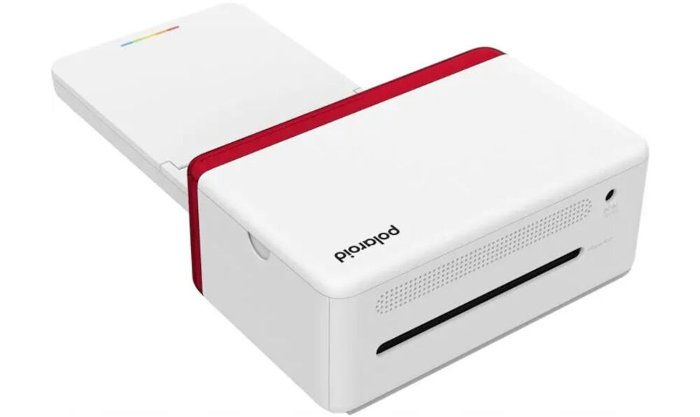 Drukarka POLAROID Hi-print 4x6 Druk w kolorze, Bluetooth prezentacja drukarki od tyłu pod kątem na białym tle zdjęcia odporne na wodę i blaknięcie