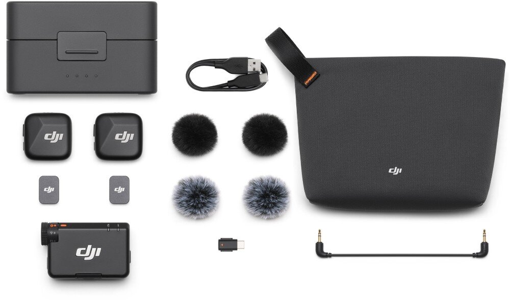 System bezprzewodowy DJI Mic Mini (2 TX + 1 RX + Etui ładujące) opakowanie zestaw akcesoria
