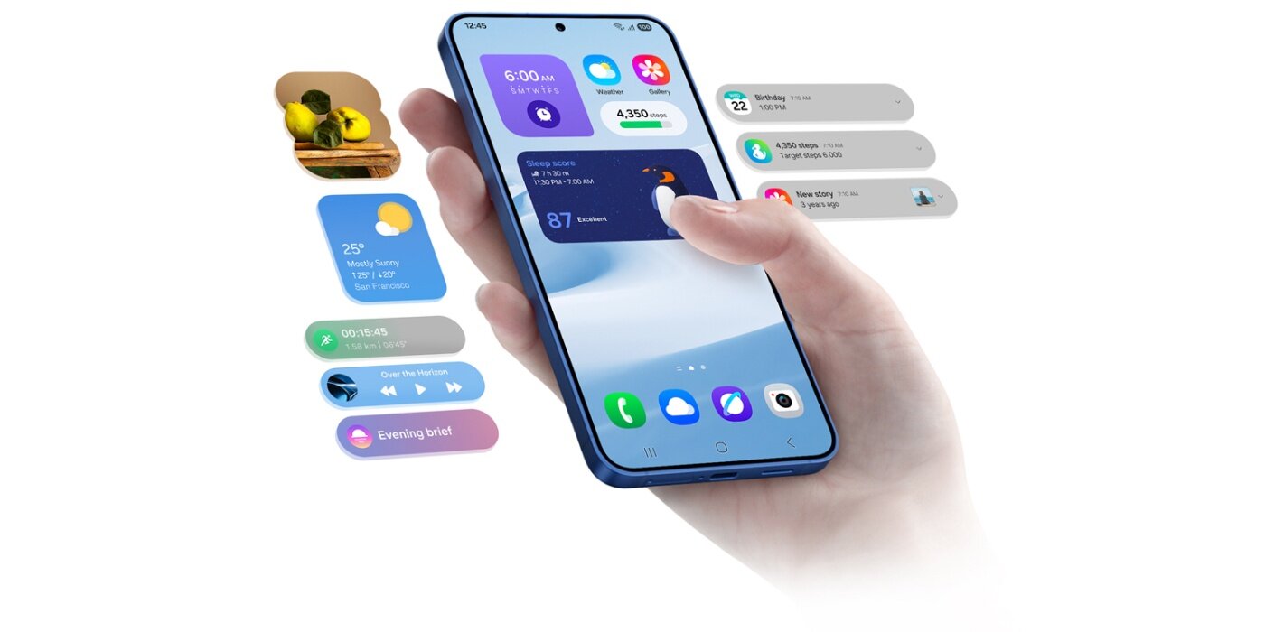 Galaxy S25 Plus widoczny z różnymi widgetami na głównym ekranie. Urządzenie jest otoczone innymi widgetami i powiadomieniami. Po lewej stronie znajdują się widgety galerii, pogody, muzyki, ćwiczeń oraz alerty Now Bar dotyczące timera. Po prawej stronie widoczne są powiadomienia. Galaxy S25 Plus widoczny z różnymi widgetami na głównym ekranie. Urządzenie jest otoczone innymi widgetami i powiadomieniami. Po lewej stronie znajdują się widgety galerii, pogody, muzyki, ćwiczeń oraz alerty Now Bar dotyczące timera. Po prawej stronie widoczne są powiadomienia.