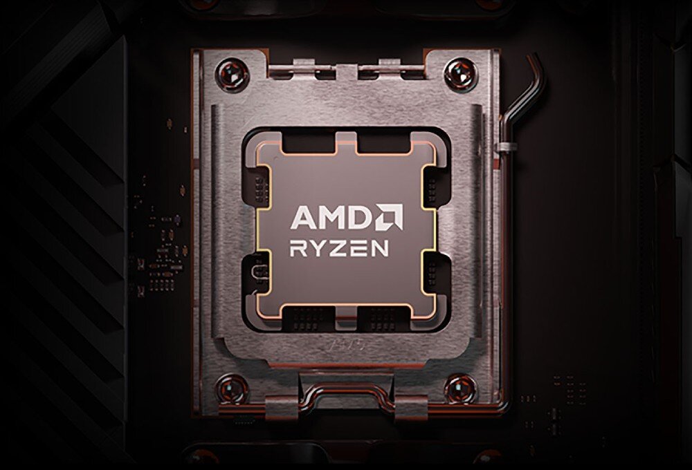 Płyta główna MSI MAG X870E TOMAHAWK WIFI Zbliżenie na procesor AMD Ryzen zamontowany w gnieździe płyty głównej. Metalowe mocowanie otacza procesor, a na jego powierzchni widnieje logo marki, procesory, kompatybilność, cechy