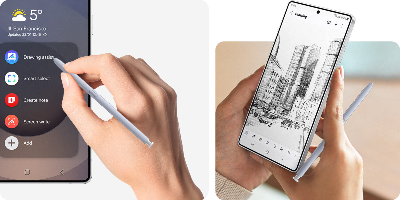 Rysik S Pen jest pokazany dwa razy, w obu przypadkach używany przez osobę trzymającą smartfon Galaxy S25 Ultra lub rysującą na nim. Na jednej z ilustracji końcówka rysika S Pen znajduje się na ekranie Air Command. Rysik S Pen jest pokazany dwa razy, w obu przypadkach używany przez osobę trzymającą smartfon Galaxy S25 Ultra lub rysującą na nim. Na jednej z ilustracji końcówka rysika S Pen znajduje się na ekranie Air Command.